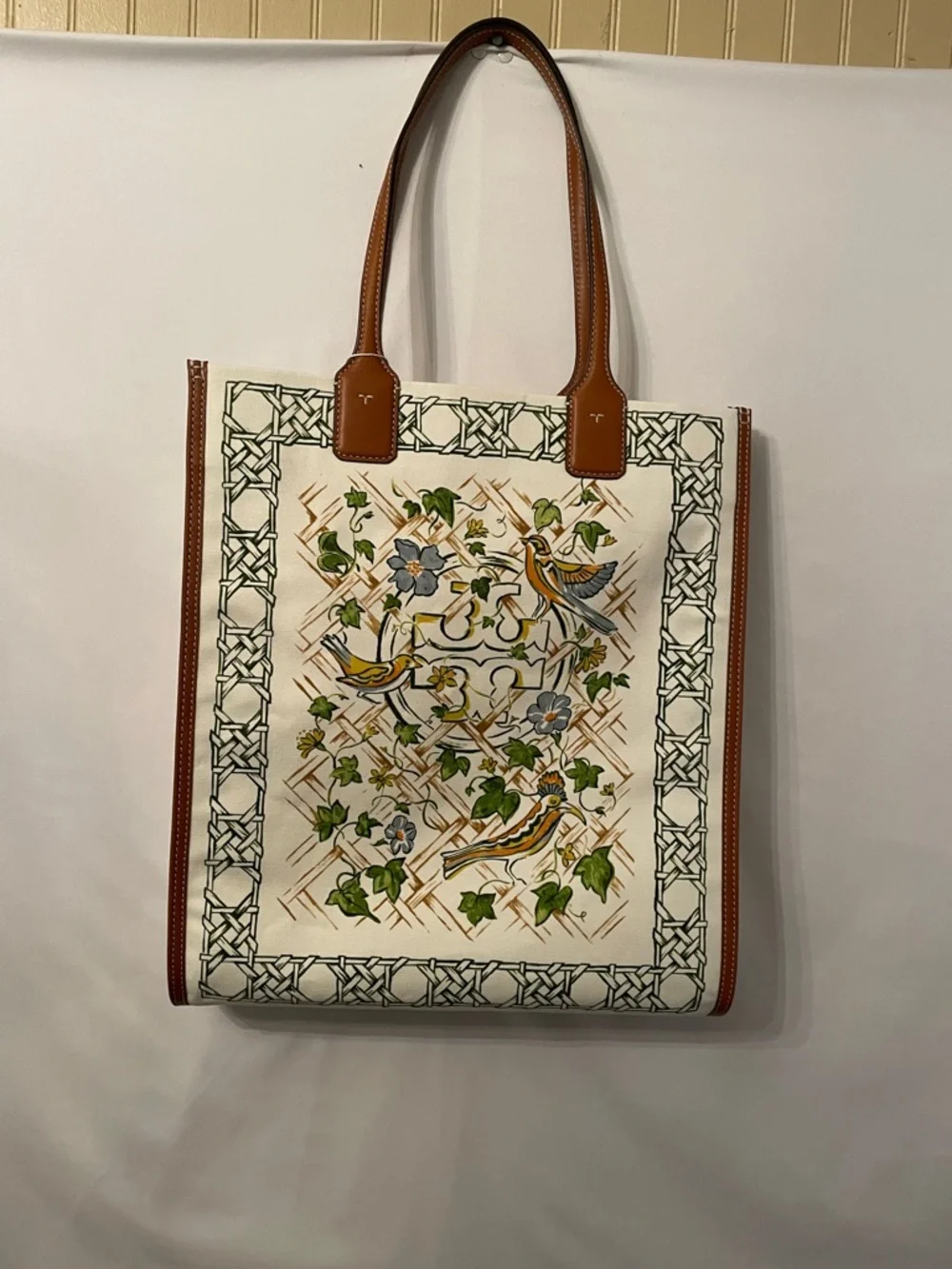 Tory Burch Ella Floral & Bird Canvas Tote cream with Brown‎ Trim